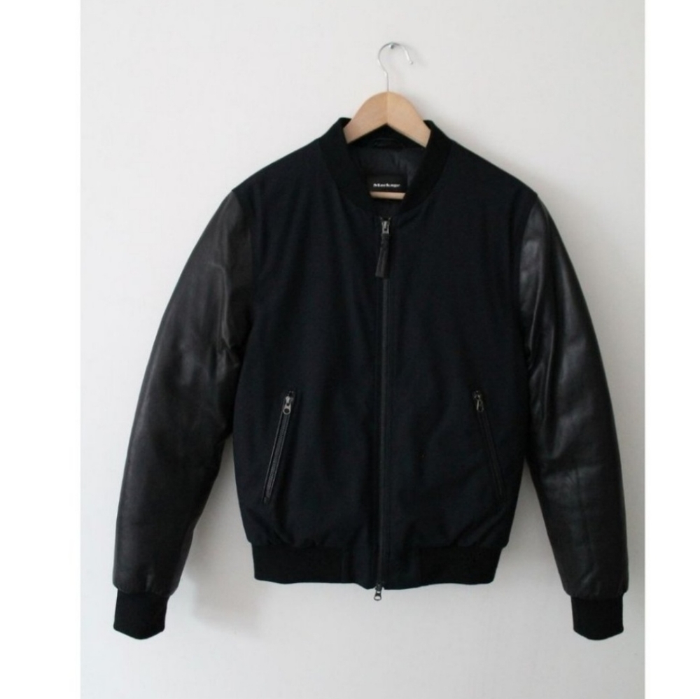 Mackage Wool Bomber Jacket with Leather Sleeves Size 38 Black Navy Down Filling